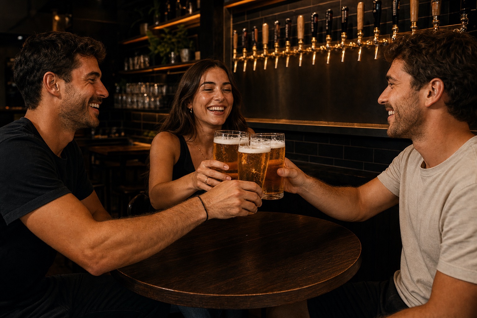 Friends raising glasses of beer at a warm modern bar